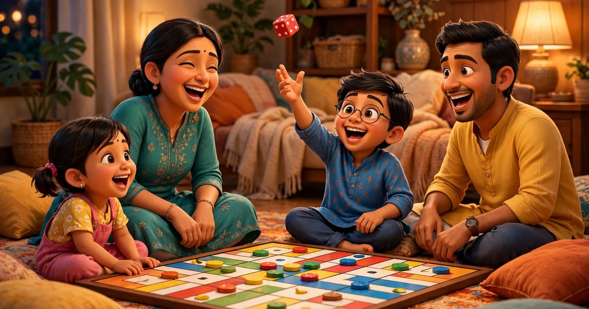 Indian family playing Ludo together on the living room floor, parents and two kids around a colourful board, warm 3D illustration