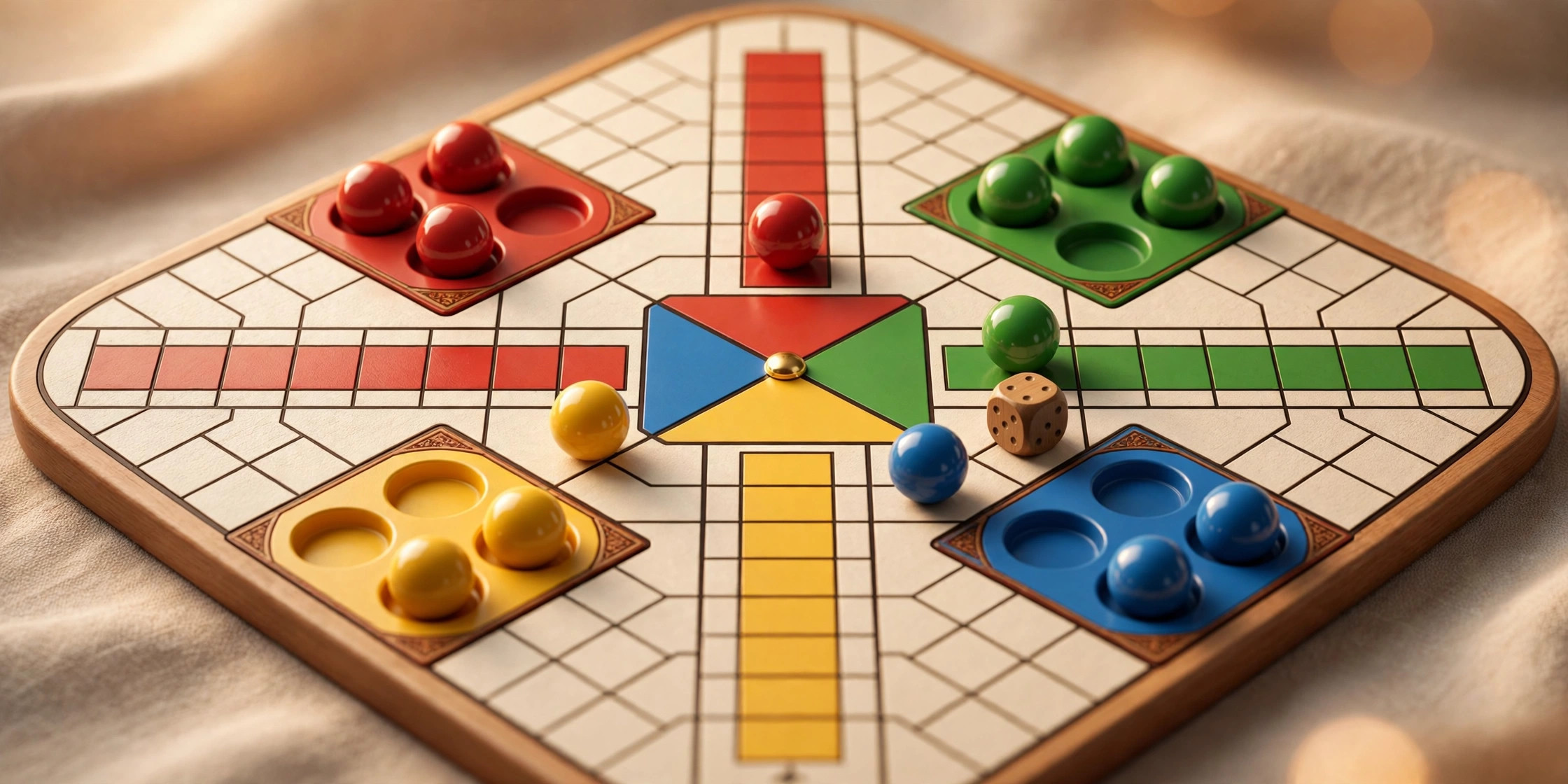 Colorful 3D Ludo board showing four colored yards, main track, home columns and center home triangle