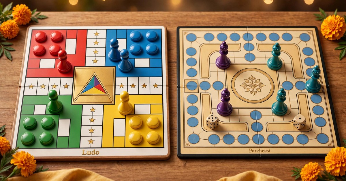 3D-style illustration me Ludo board aur Parcheesi board aamne-saamne, rang-birange pawns ke saath